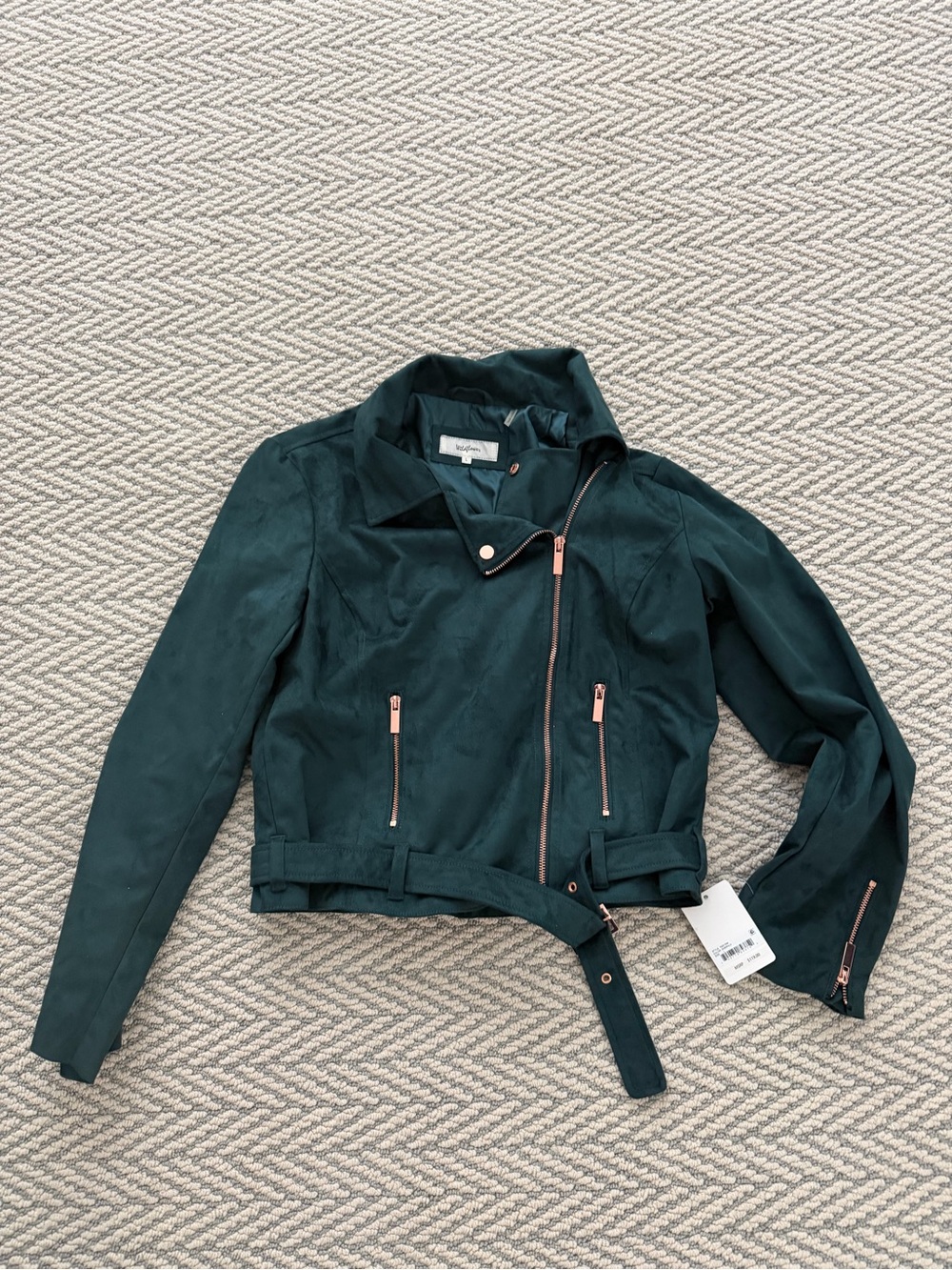 Wildflowers Deep Teal Suede Moto Jacket with Rose-Gold Zippers